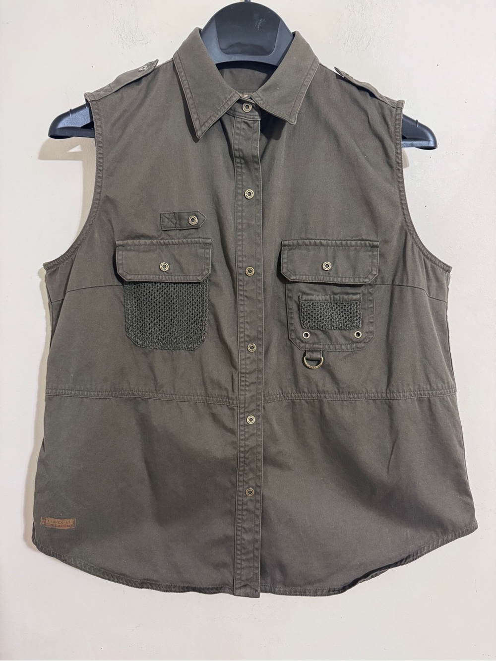 Y2K Ralph Lauren Olive Green Sleeveless Utility Button-Down Shirt size L Safari
